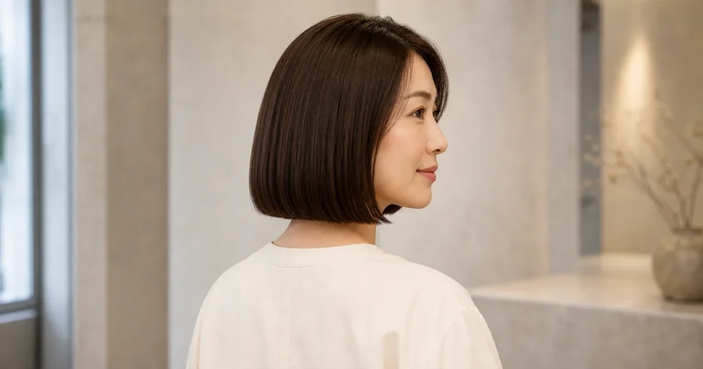 あご下のワンレングスボブの裾を見せる成人女性