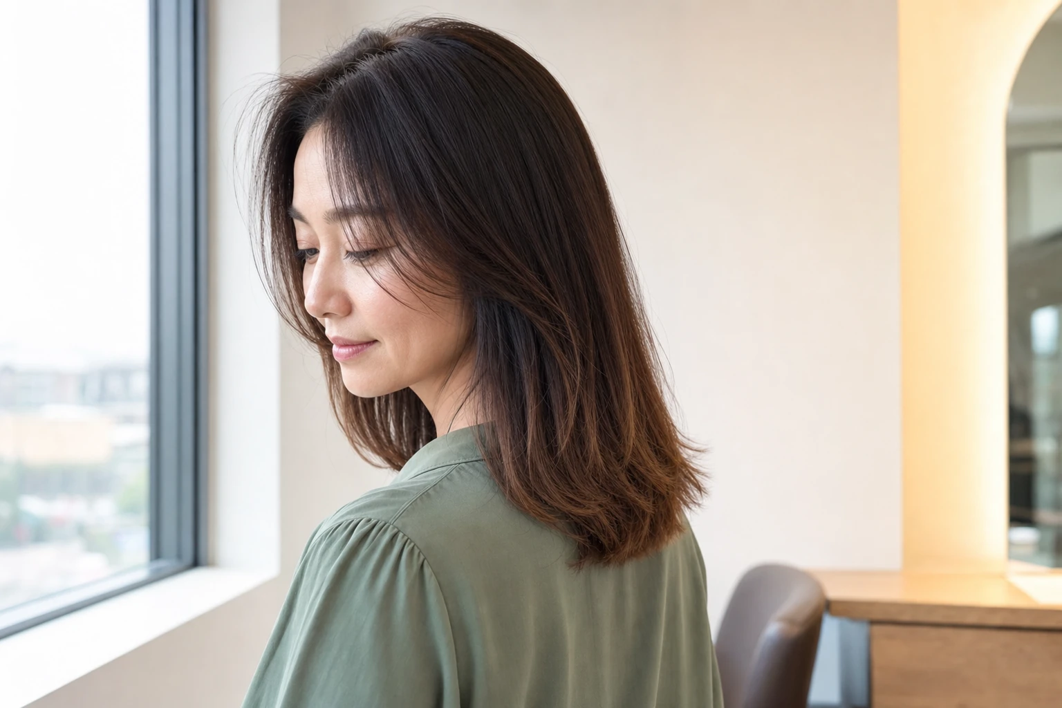 窓辺で深いチョコレートブラウンから毛先の温かなキャラメルブラウンへ移る肩下ヘアの成人女性