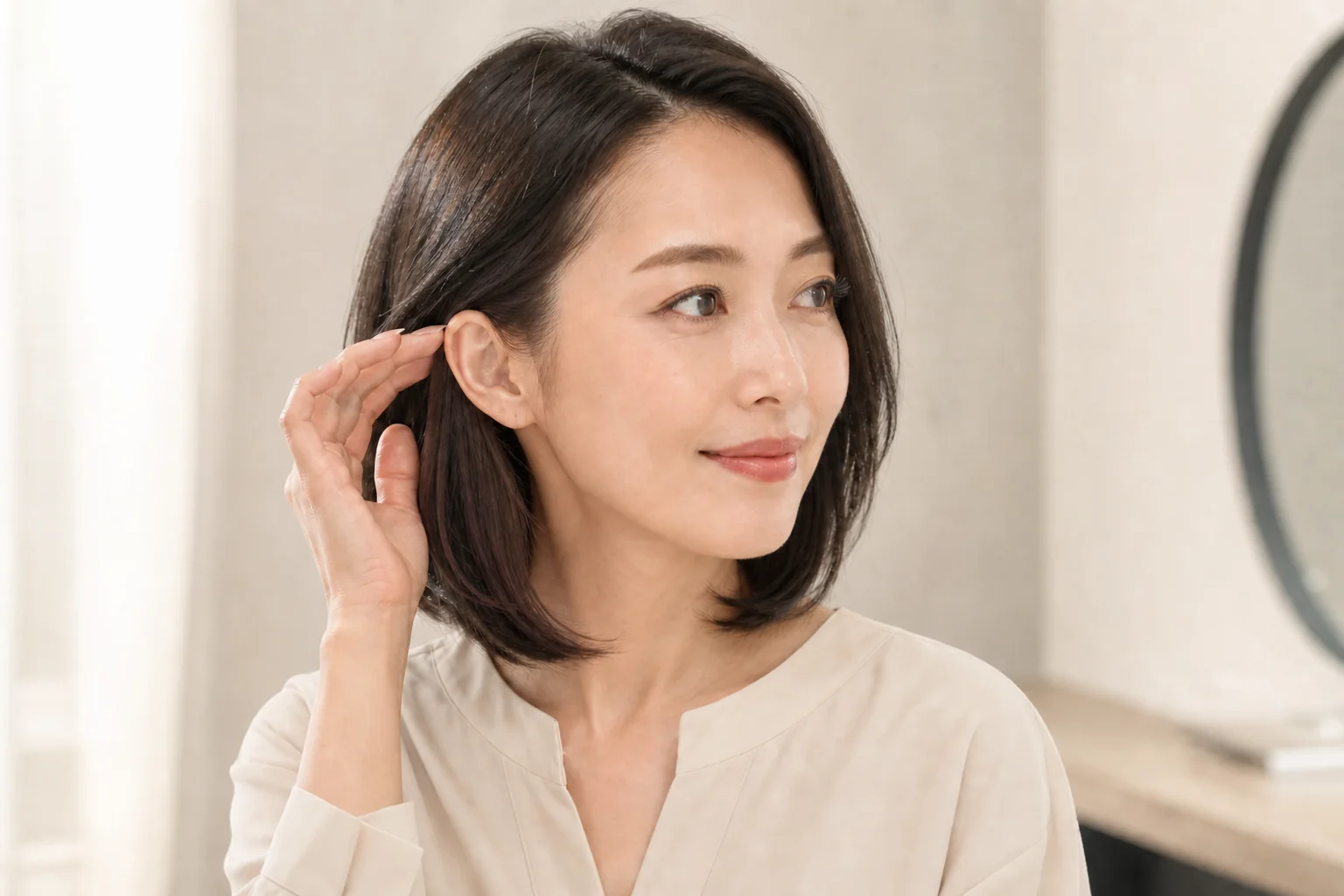 耳にかけた暗いボブの内側に深いカシスブラウンが見える成人女性