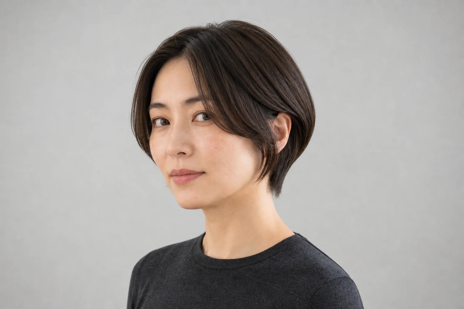 長めの前髪を中央で分けた前下がりショートボブの成人