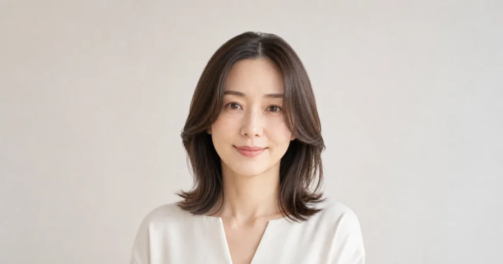 根元をやわらかく立ち上げて顔まわりを流した成人女性のセンター分け