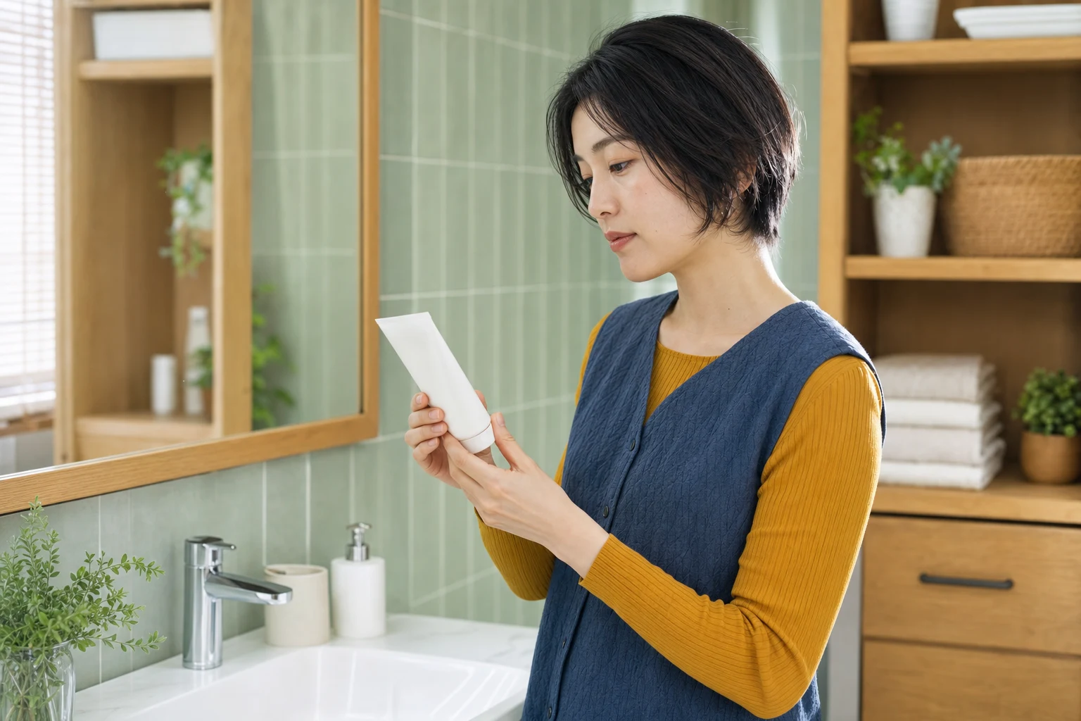 日焼け止めの無地チューブの裏面表示を確認する成人女性