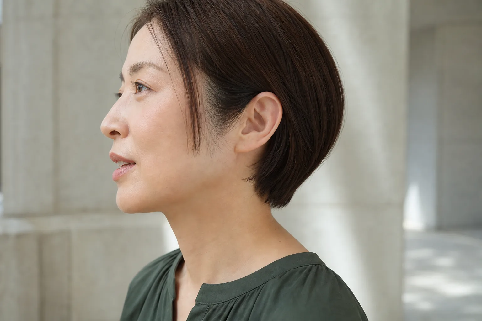 左横顔でこめかみの短い毛束が頬骨で終わるショートボブの成人女性