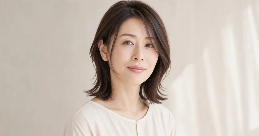 頬骨に沿う顔まわりレイヤーのダークブラウンヘアを見せる成人女性