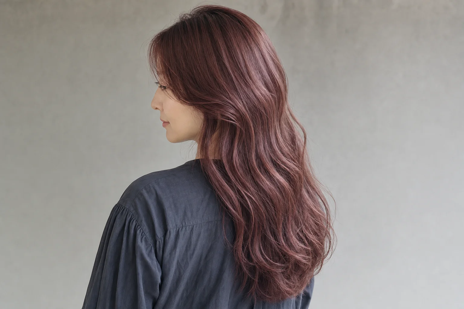 中明度のチェリーピンクブラウンのロングヘアの成人女性