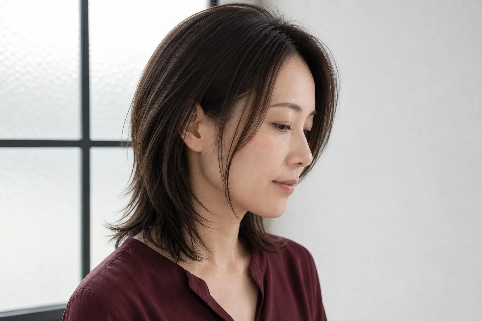 窓辺でこめかみからあごへ長くつながる毛束を見せる成人女性