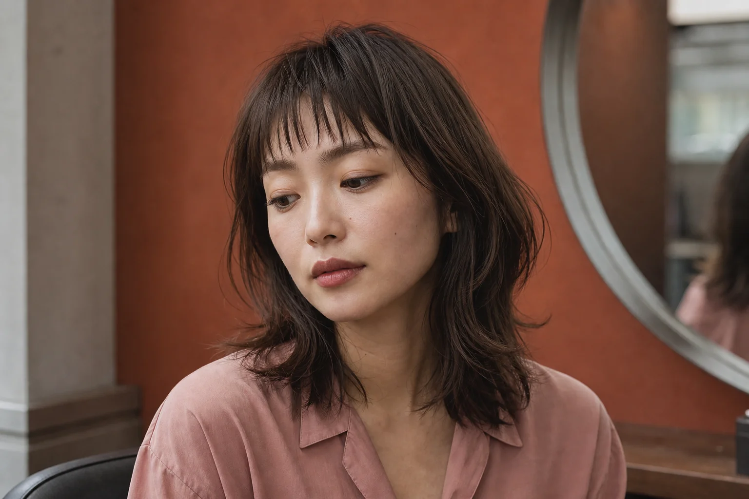 毛先の長さに小さな差がある束感眉上前髪の成人女性