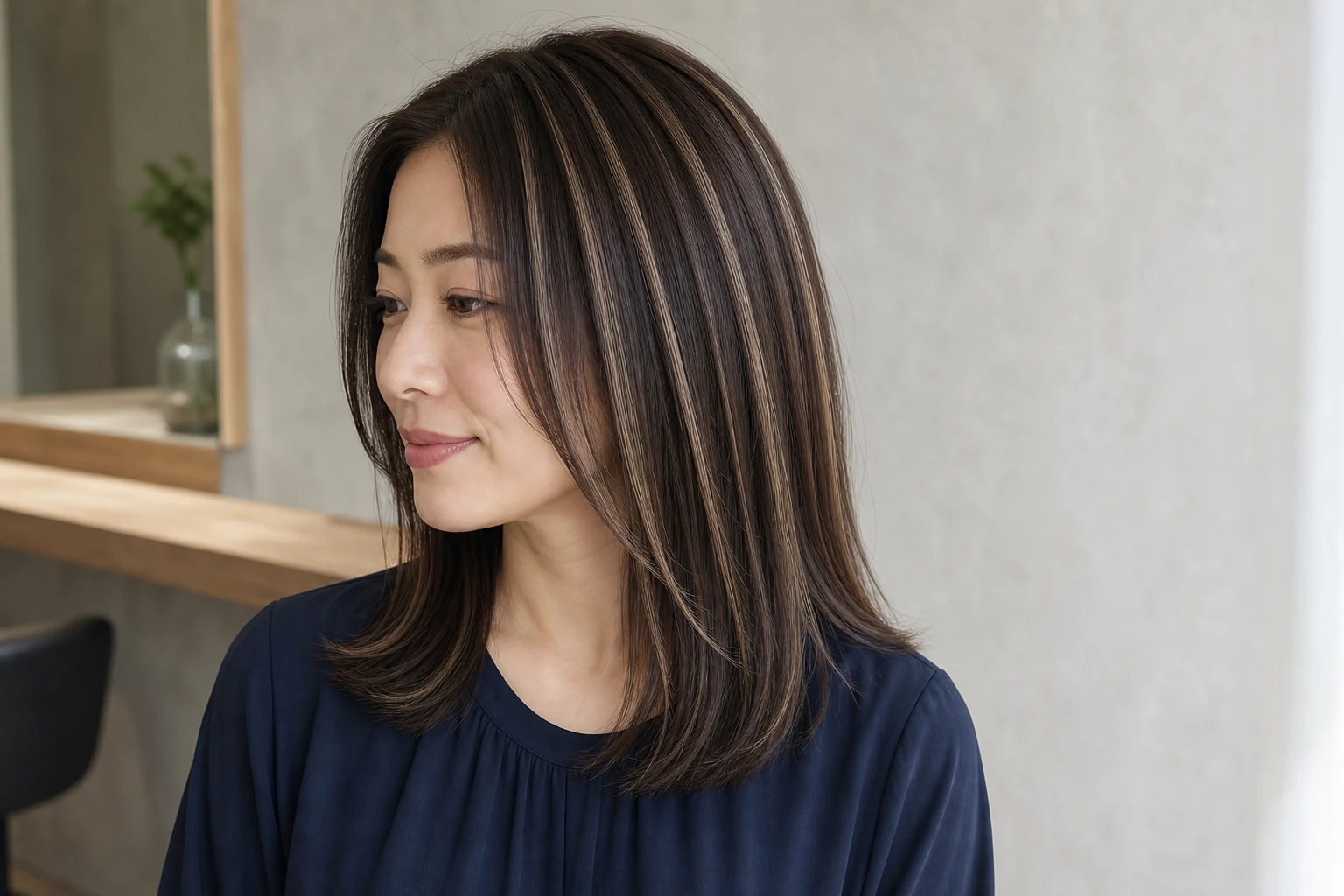暗いブラウンの肩下ストレートに明るいベージュの筋をはっきり入れた成人女性