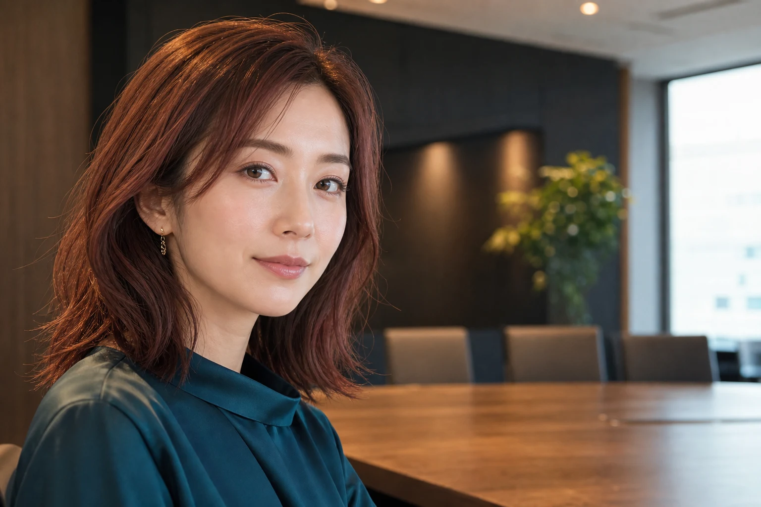 低彩度モーヴの目元とローズベージュの頬とリップを合わせた成人女性