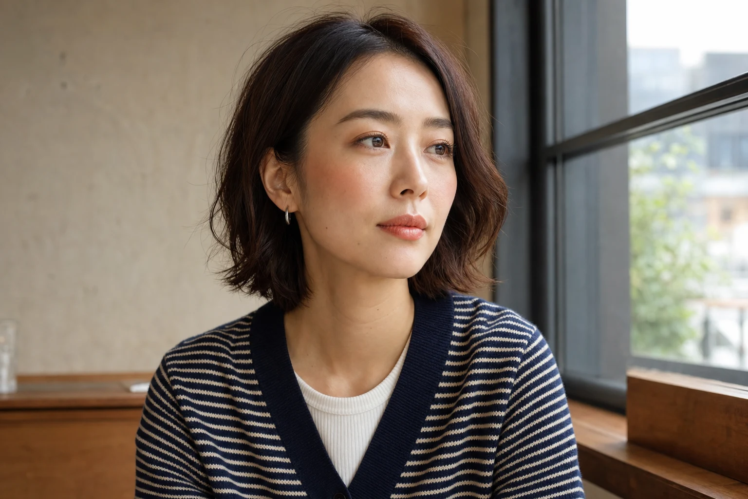 コーラルベージュのチークを頬骨へ横長にぼかした成人女性