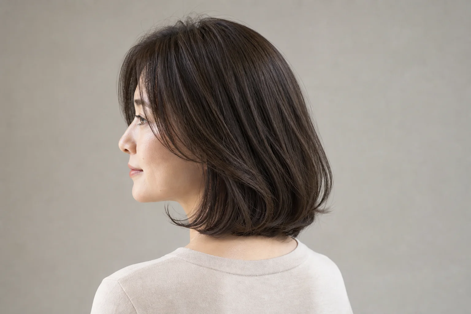 暗いブラウンに低彩度のグレーとベージュが混ざる鎖骨丈のロブ