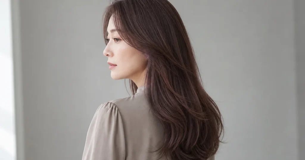 暗めのピンクブラウンのロングヘアを自然光で見せる成人女性