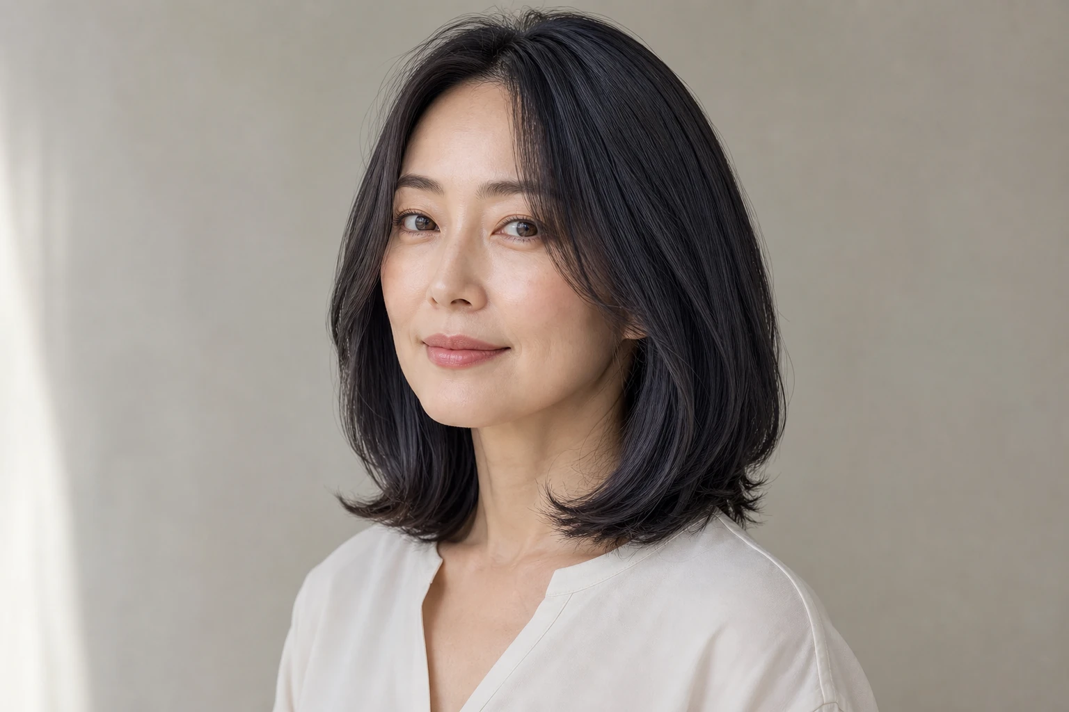 暗いグラファイトを基調に光で青みが見えるブルーグレージュの成人女性