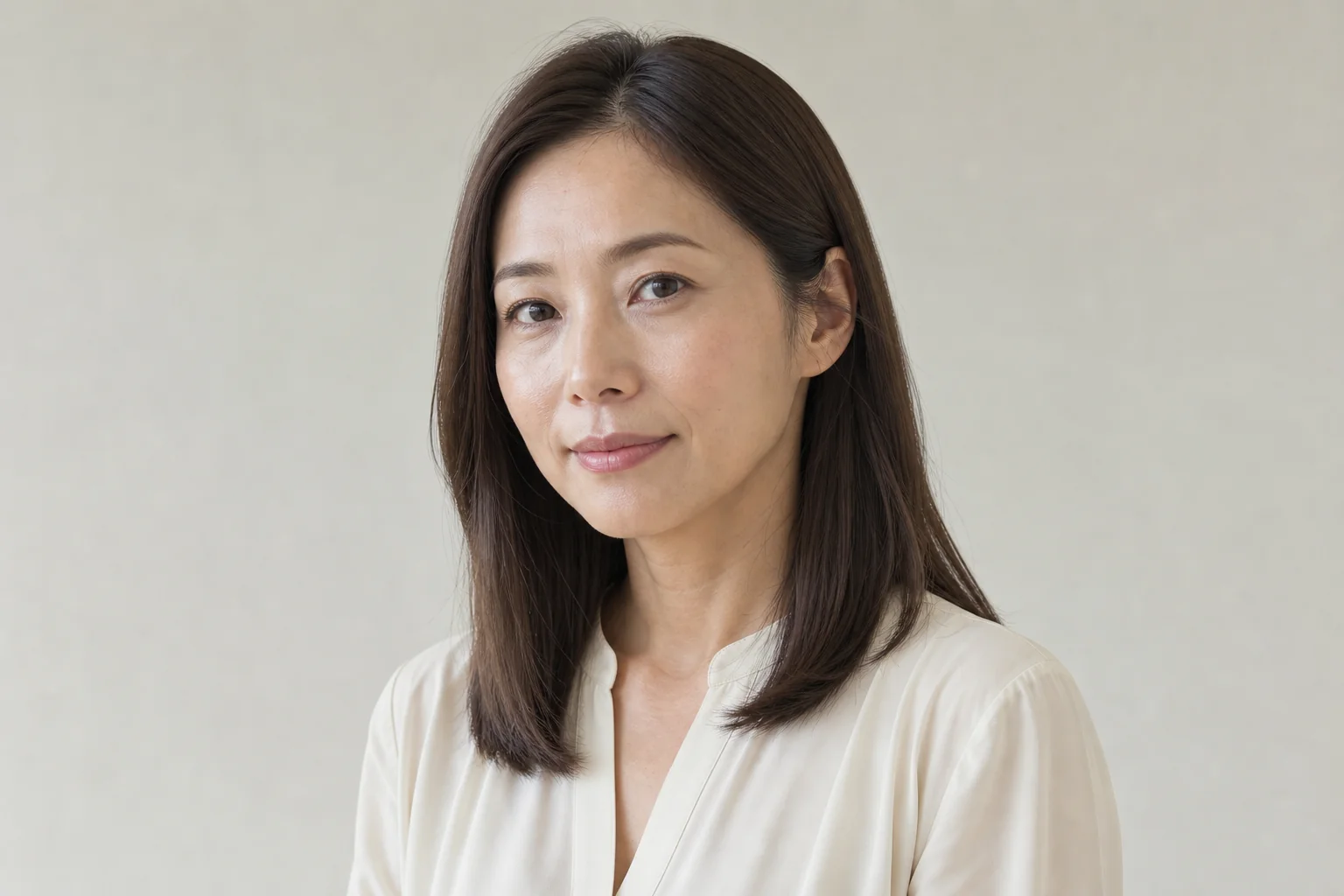 自然な中〜深めの肌色の成人女性と深いニュートラルチョコレートブラウンの肩下ロブ