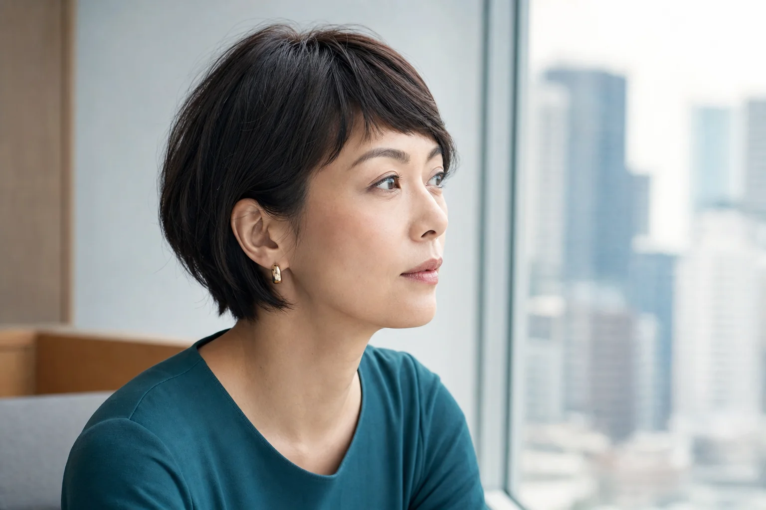 左から右へ斜めに流れる短い眉上前髪の成人女性