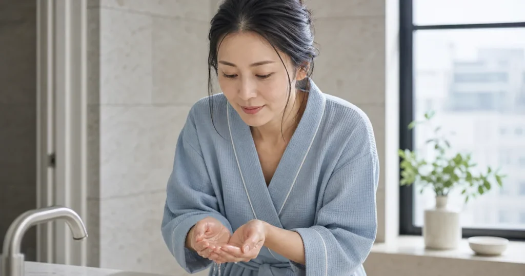 洗面台で両手にぬるま湯を受ける青いローブ姿の成人女性