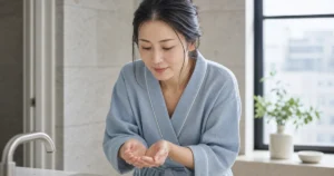 洗面台で両手にぬるま湯を受ける青いローブ姿の成人女性