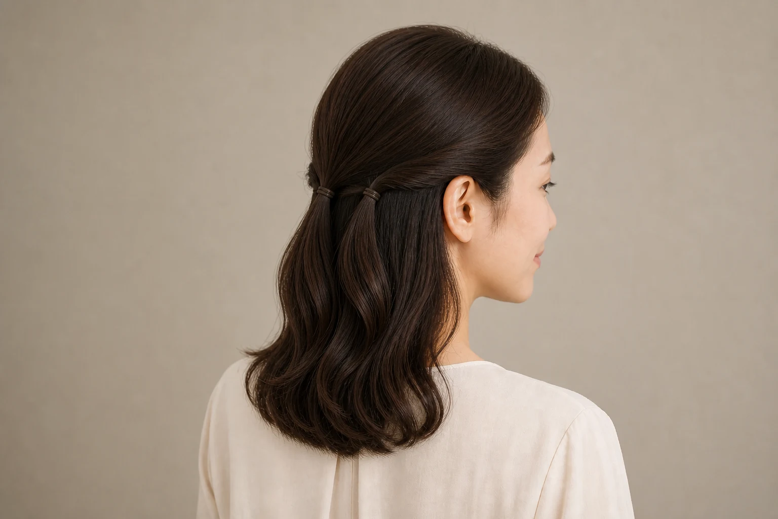 肩下の暗い髪を耳後ろで左右別に結び下ろした髪へ大きなゆるい波をつけたハーフツイン