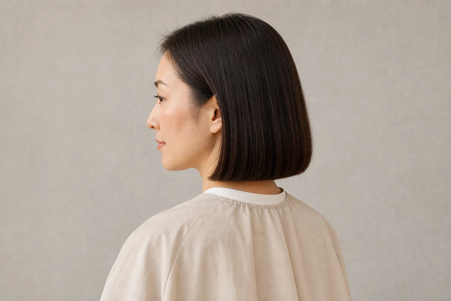 あご下の直線的な裾と後ろの形が見える暗髪のワンレングスボブ