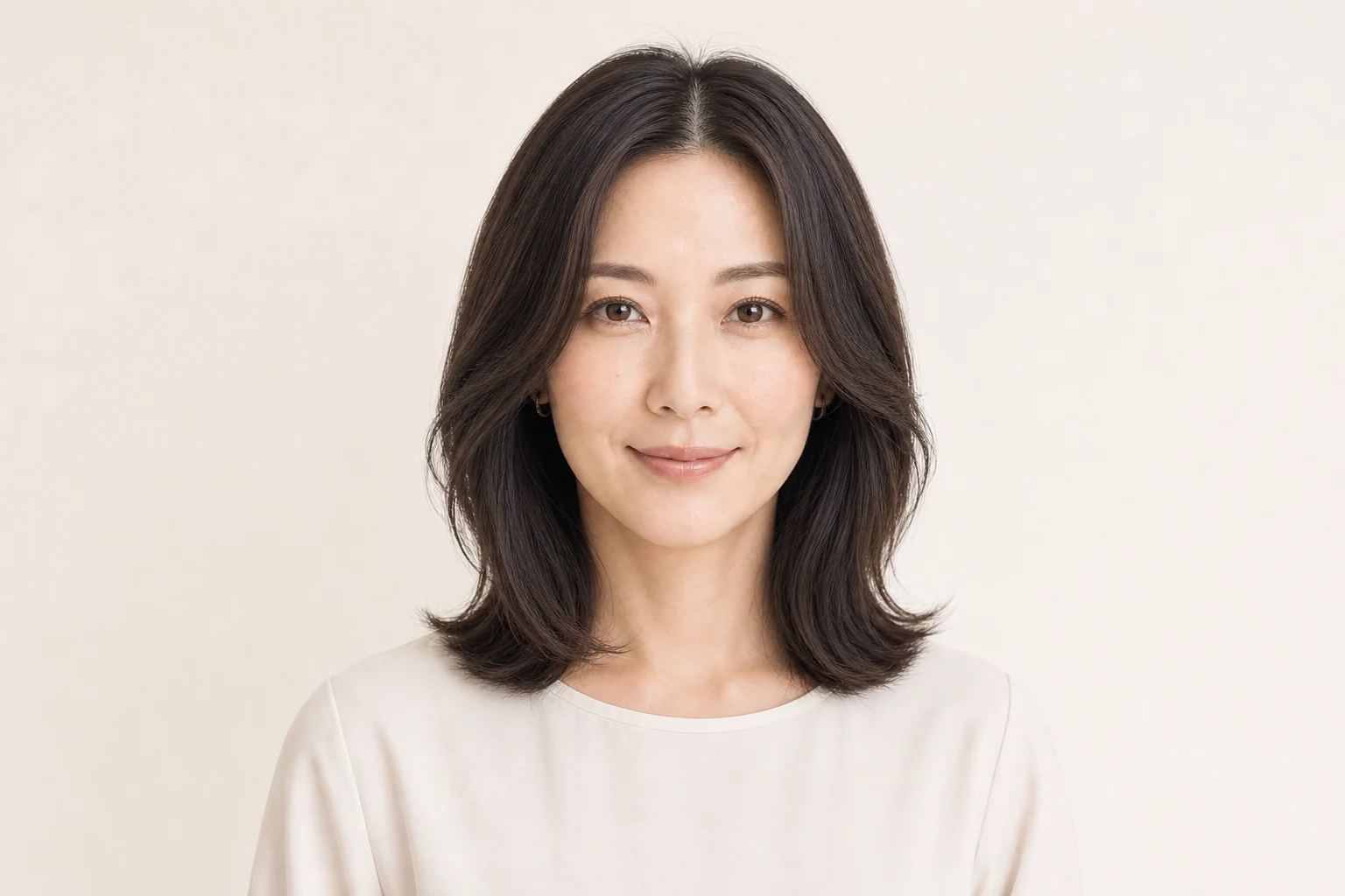 頬骨へ沿う前髪のカーブをつけた暗髪ロブのセンター分け