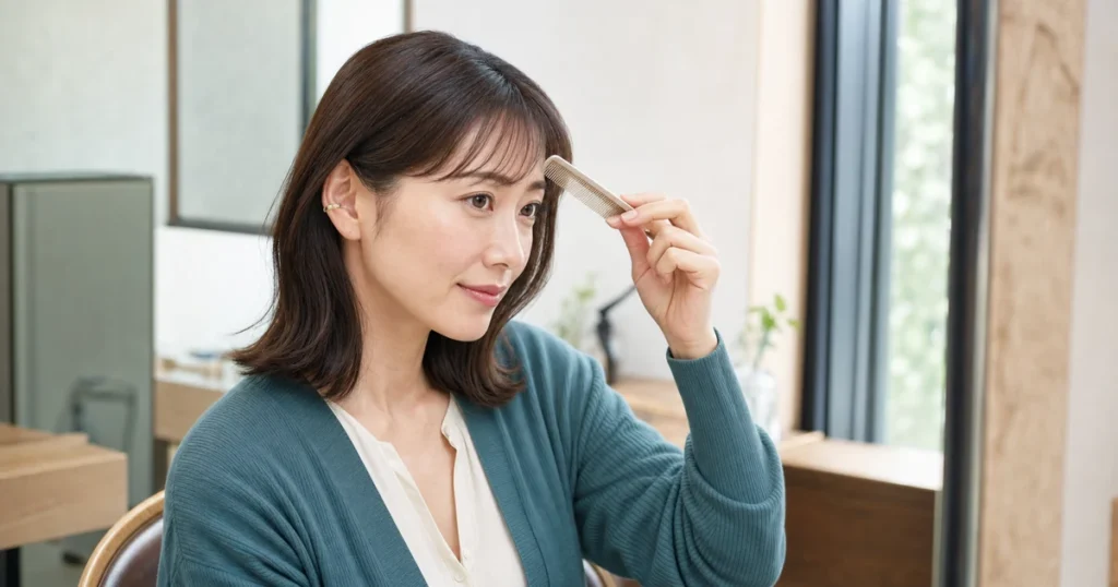 鏡の前でコームを使い前髪を整えるダークブラウンヘアの成人女性
