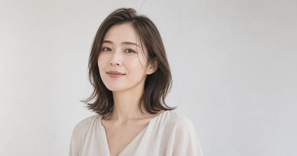 暗めのオリーブグレージュの髪色をまとった成人女性