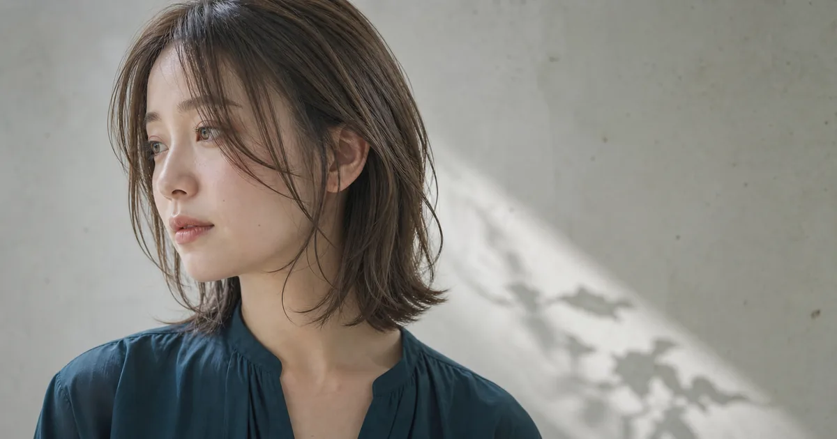 淡いコンクリート壁の前で鎖骨レイヤーと細い顔まわり毛束を見せる成人女性