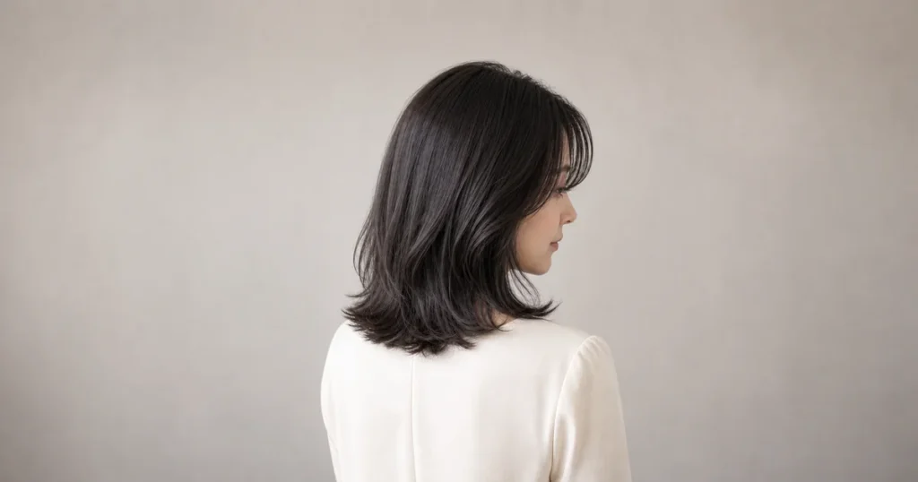 低彩度のチャコールグレーを含む暗めグレージュの肩丈ロブ