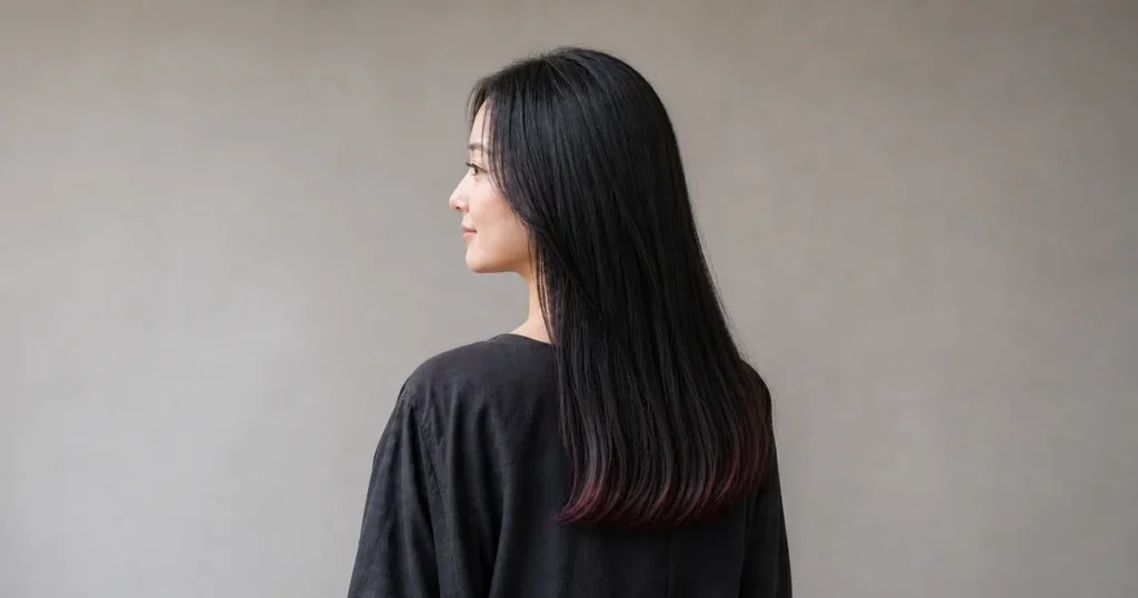 黒髪ロングの毛先に深いカシスブラウンを細く入れた成人女性