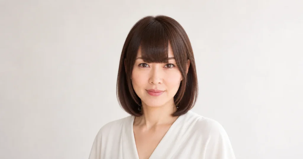 中央に厚みと小さな抜けを作った大人向けアイドル前髪の成人女性