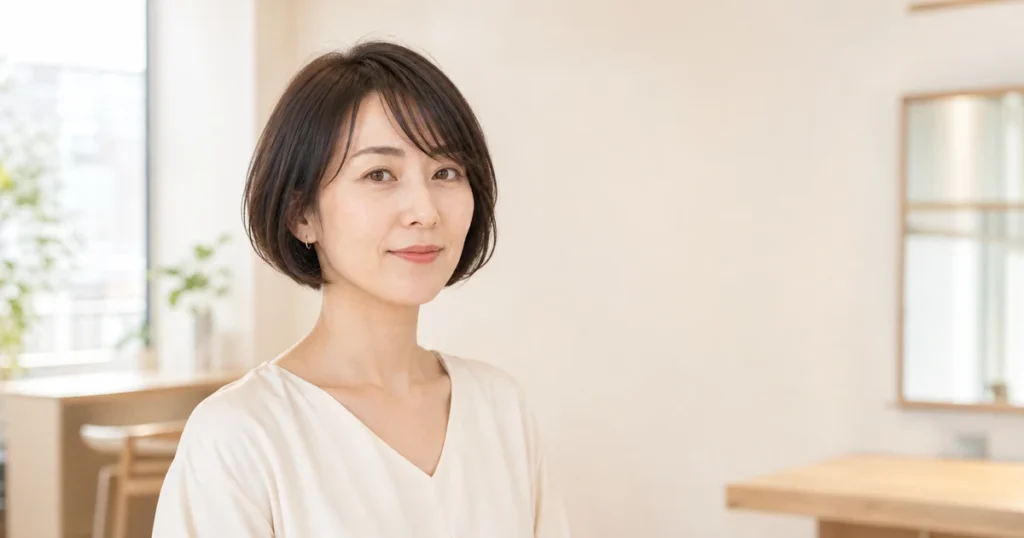 薄い流し前髪と横の丸みを合わせたダークブラウンのショートボブ