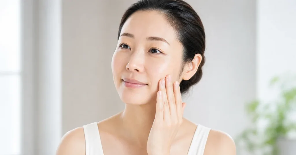 洗顔後の頬に保湿クリームを薄くなじませる成人女性