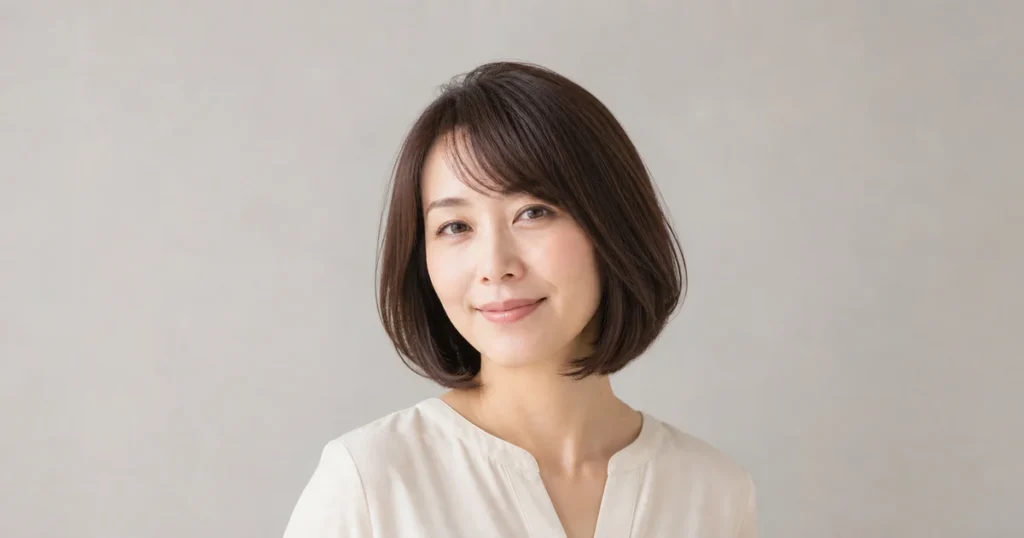 あご下のダークブラウンボブに長めの斜め前髪を合わせた成人女性