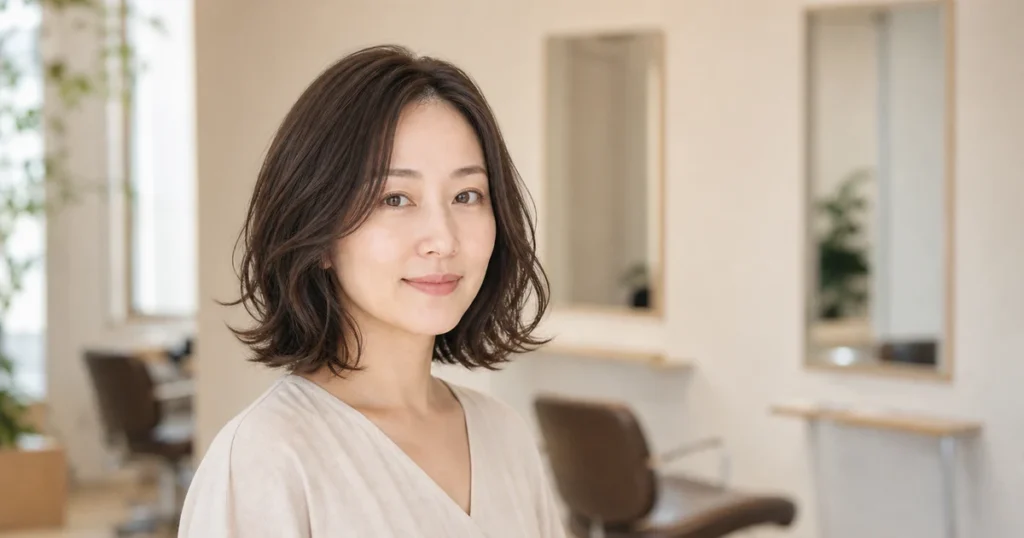 頬下からゆるい動きをつけたダークブラウンのパーマボブ