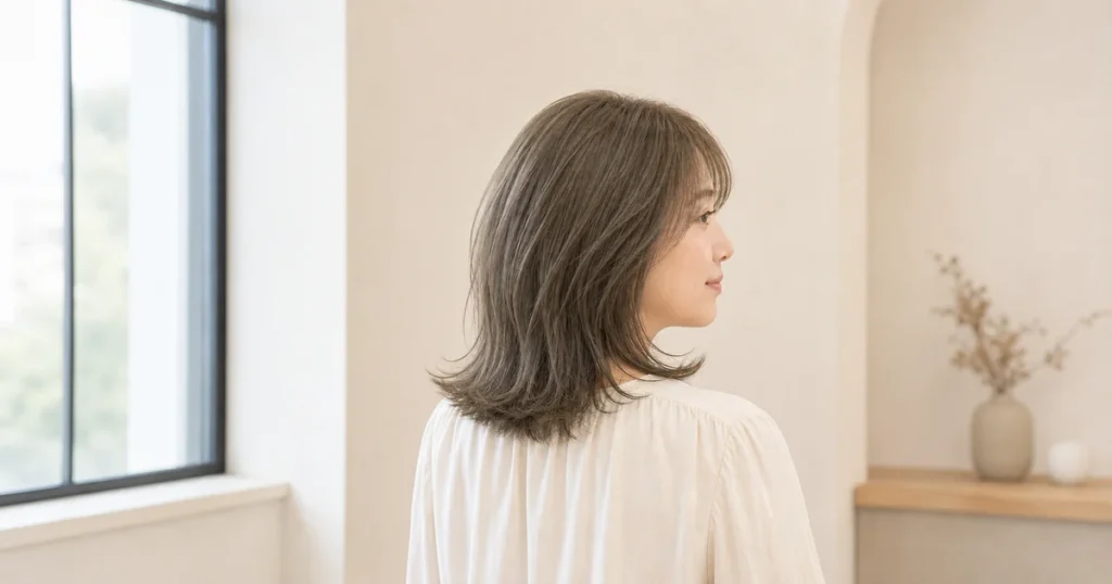 低彩度のオリーブグレージュで鎖骨丈の髪をまとった成人女性