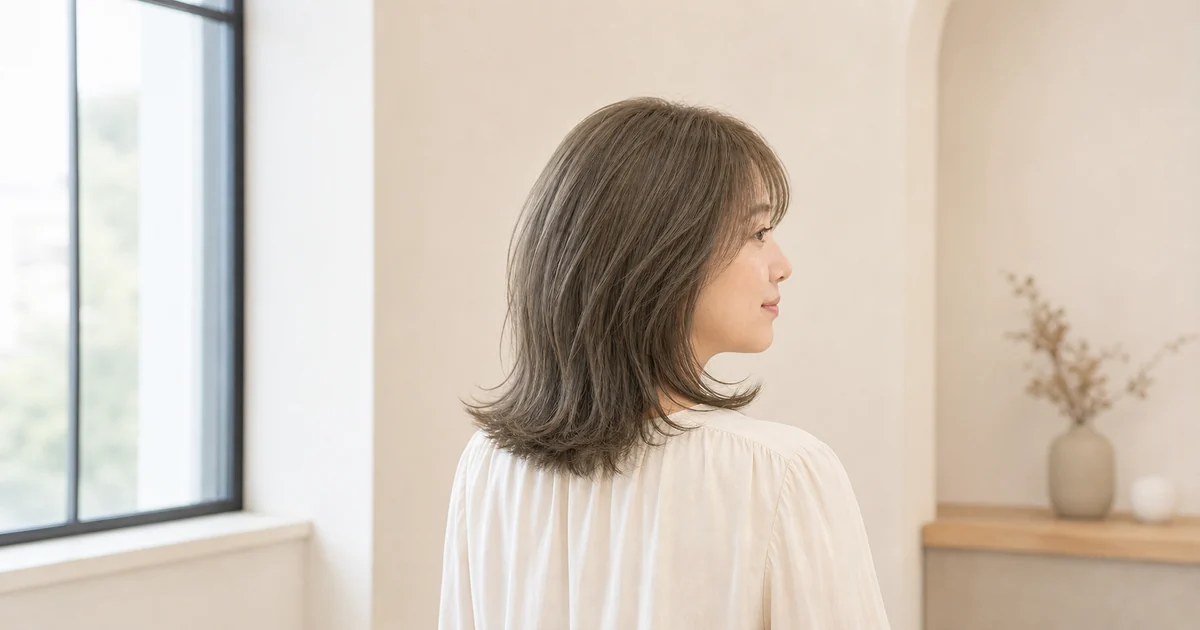 低彩度のオリーブグレージュで鎖骨丈の髪をまとった成人女性