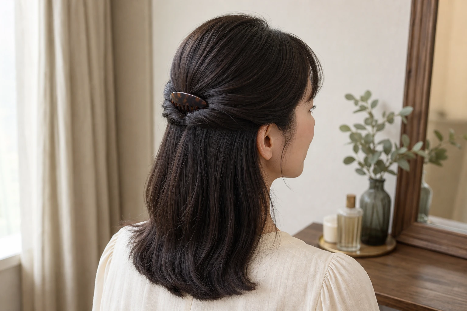 暗い髪の小さなハーフアップへ5本歯のべっ甲調コームを添えた成人女性の後ろ姿