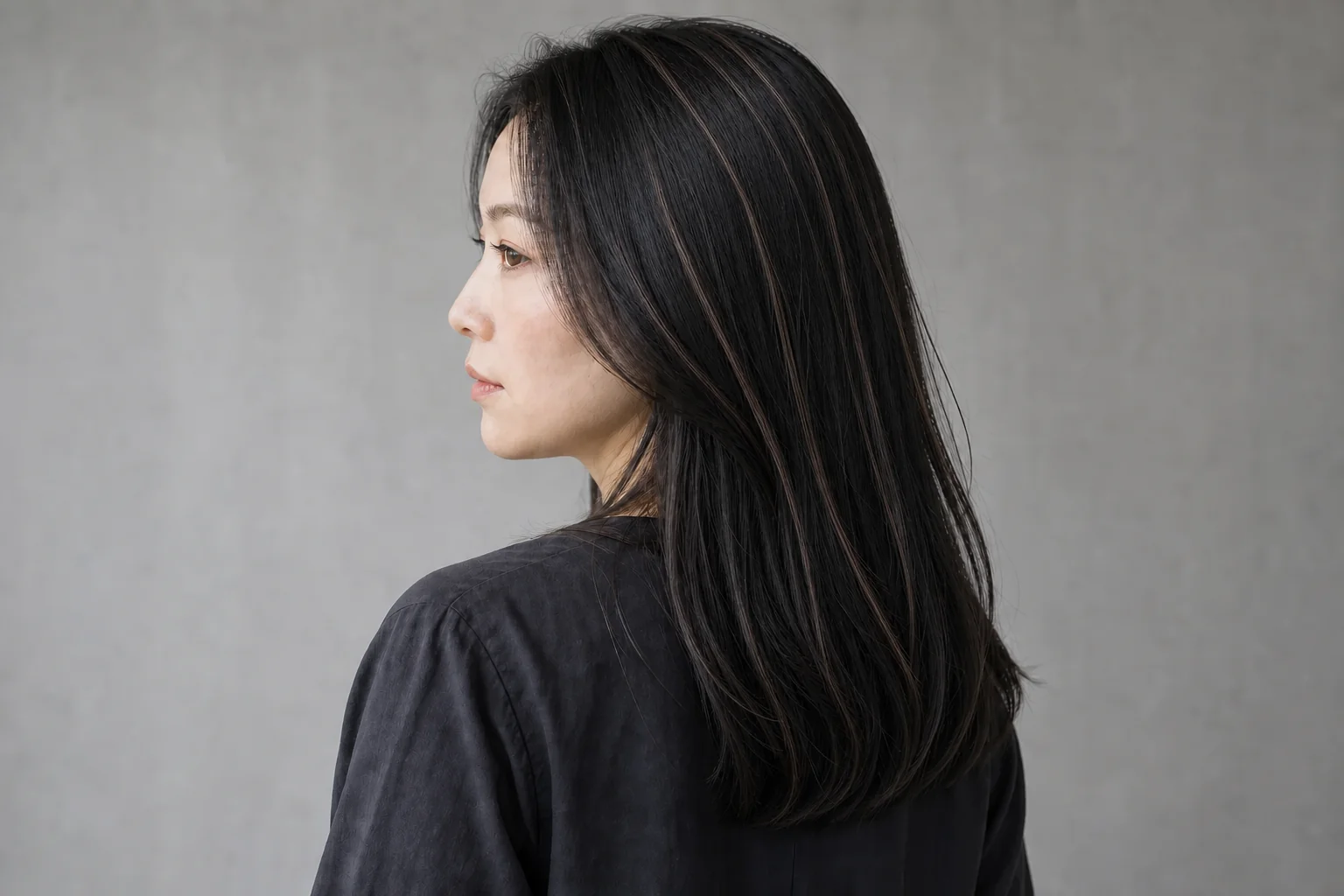鎖骨下の黒髪へ極細のアッシュブラウンハイライトを少量入れた成人女性