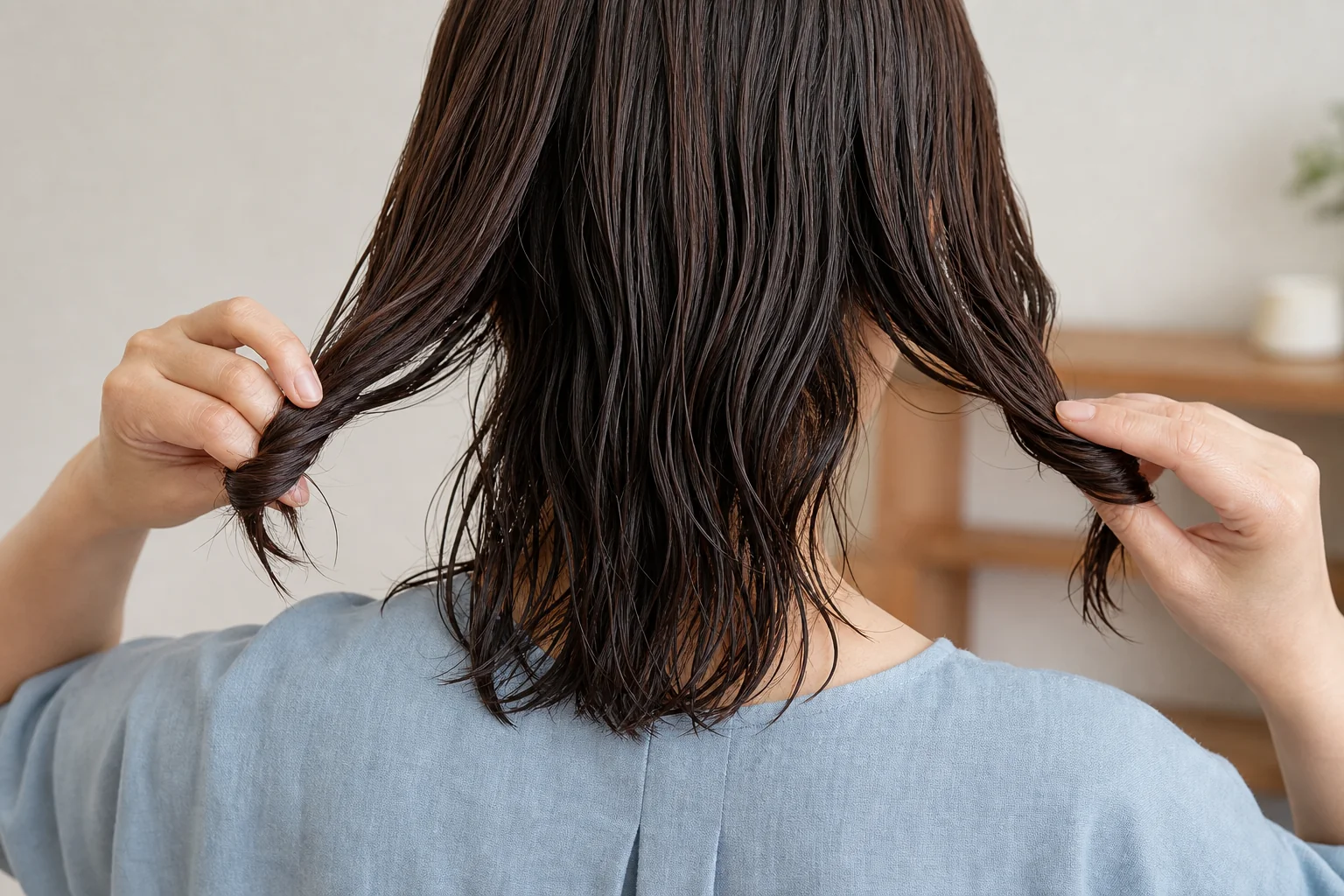湿った中間から毛先を左右の指へゆるく巻いている成人女性の後ろ姿