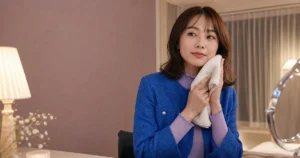 夜の鏡台で清潔なタオルを頬へ添える成人女性