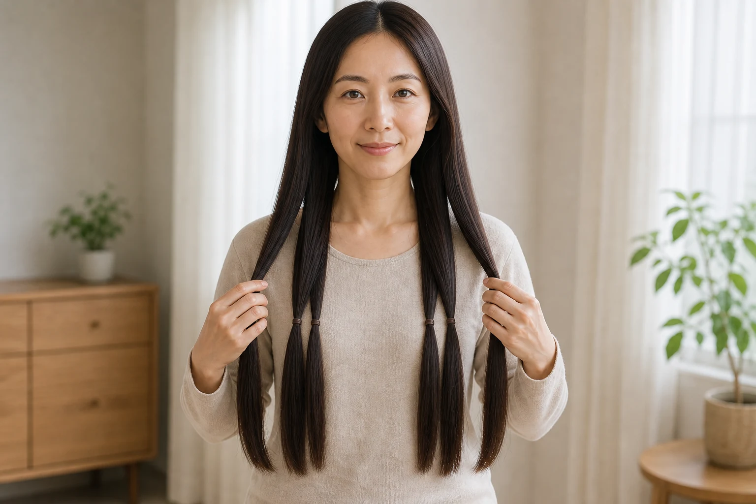 乾いたロングヘアを前へ運び4つの低い毛束に分けた成人女性