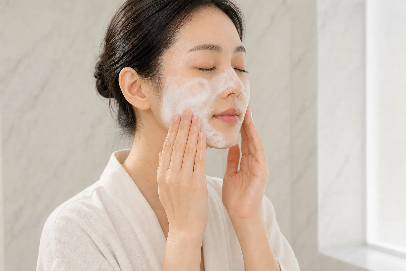 白い洗顔泡を両頬へ指先でやさしく広げる成人女性