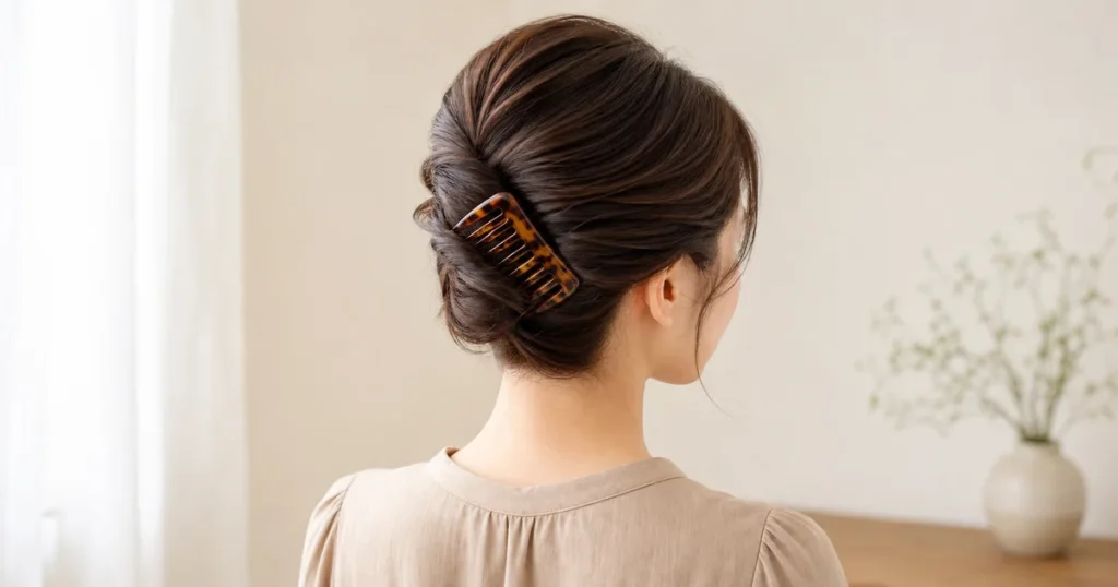 べっ甲調ヘアコームを低いまとめ髪に添えた成人女性の後ろ斜め姿