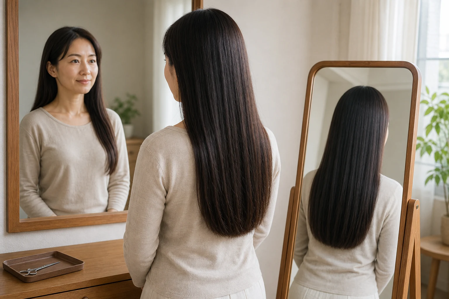 壁面鏡と固定式の後方鏡でロングヘアの毛先を確認する成人女性