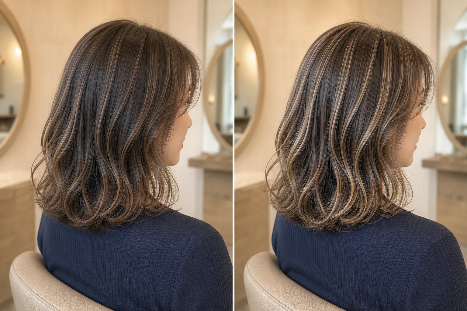 同じウェーブヘアで低明度差と高明度差のベージュハイライトを左右比較した画像