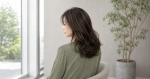 上品なベージュハイライトを入れた鎖骨下ウェーブの成人女性