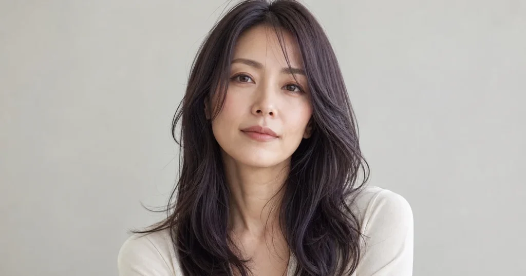 暗いバイオレットブルーブラウンのロングヘアを自然光で見せる成人女性