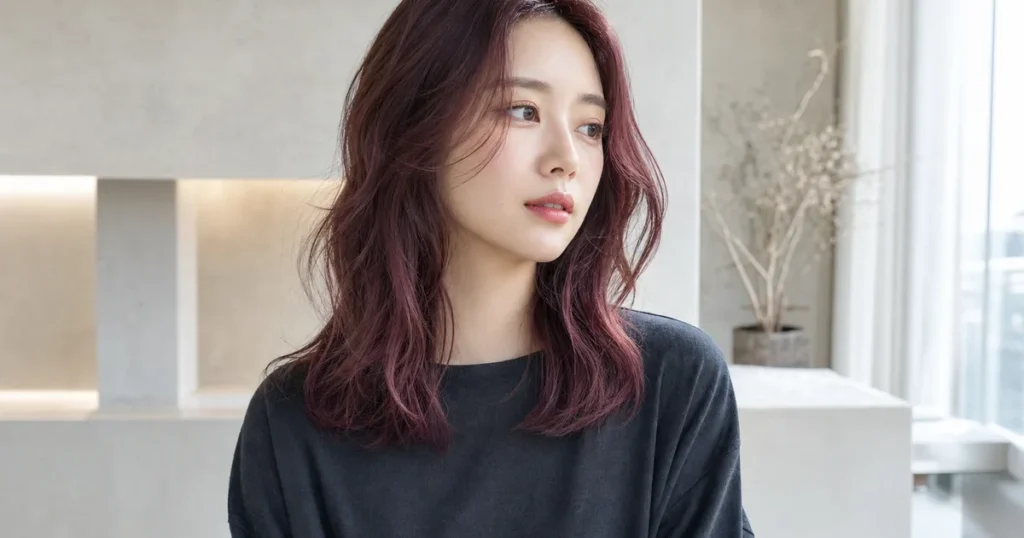 自然光で深いチェリーピンクレッドのウェーブヘアを見せる成人女性