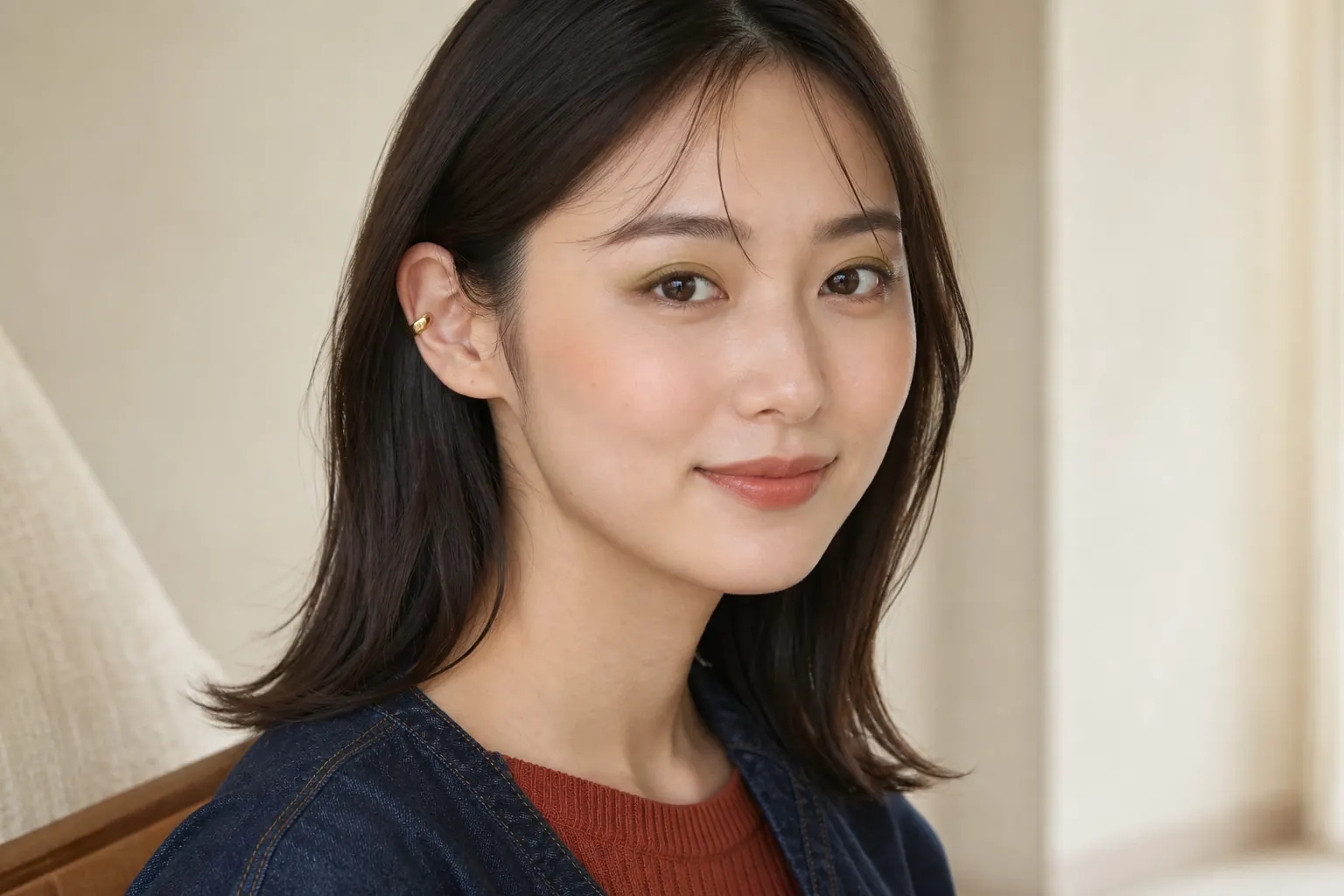 黄みオリーブの目元にピーチベージュの頬とアプリコットブラウンの唇を合わせたカーキメイク