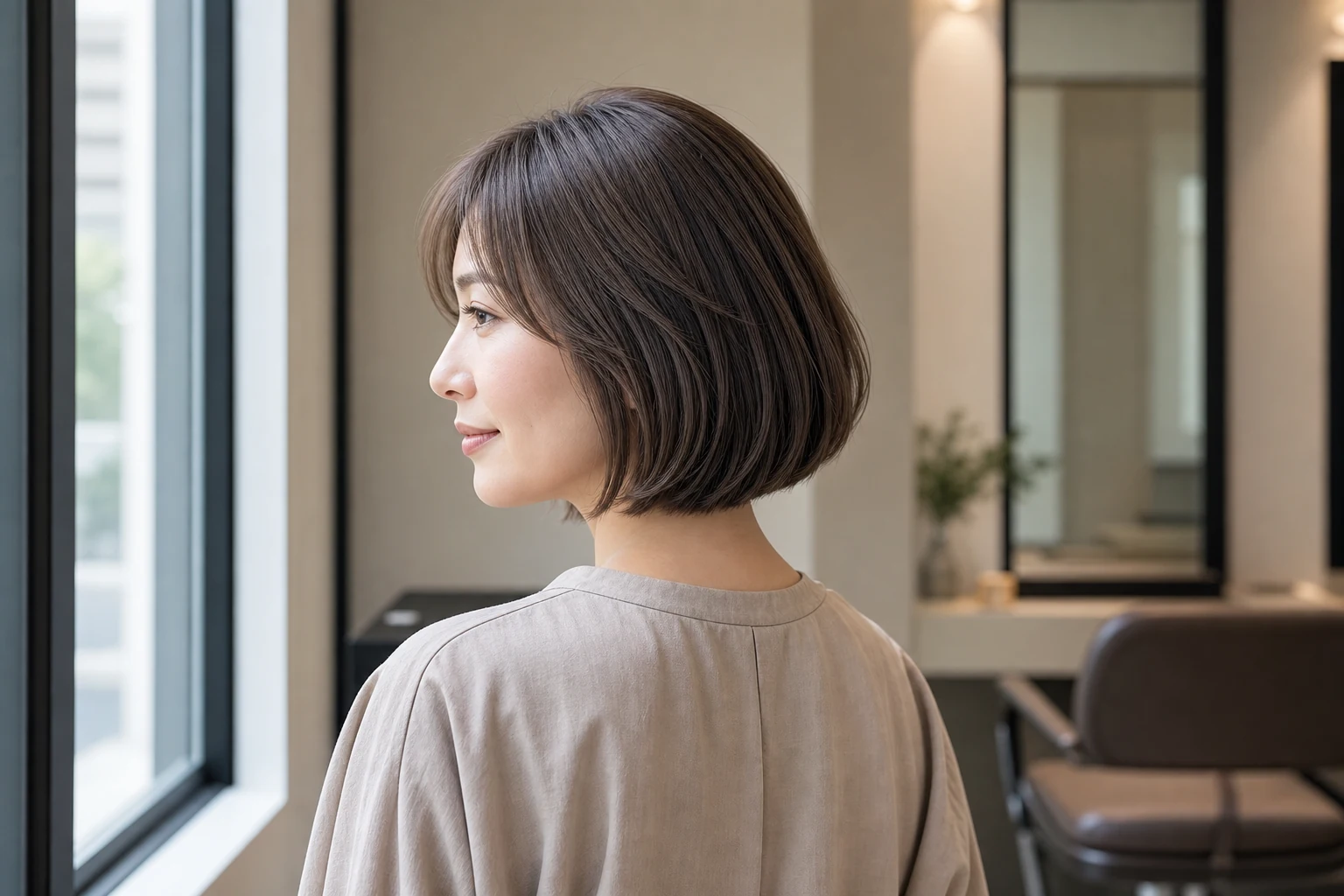 落ち着いたグレーベージュのボブヘアをまとった成人女性